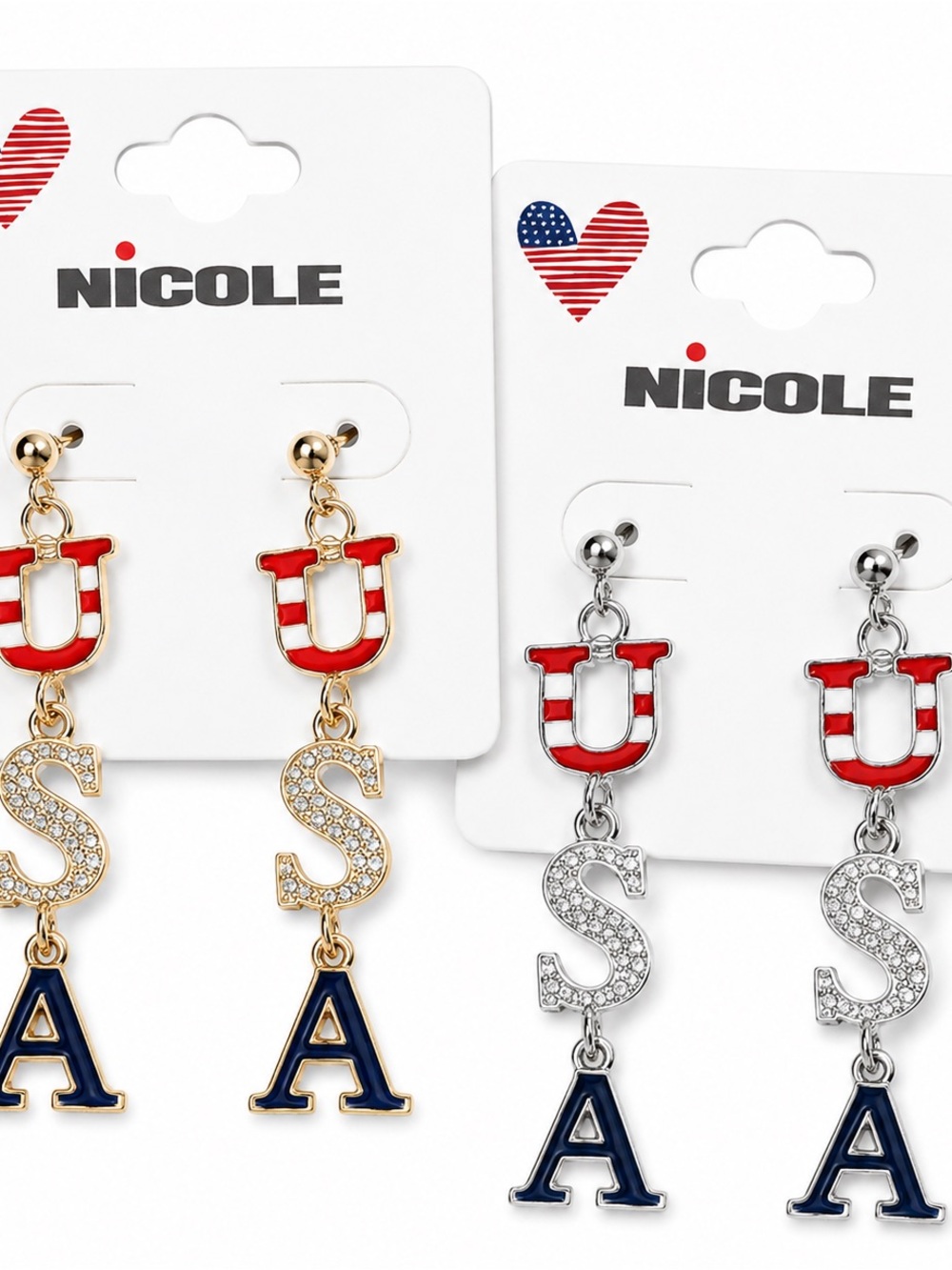 Nicole Red, White & Navy USA Letter Dangle Earrings
